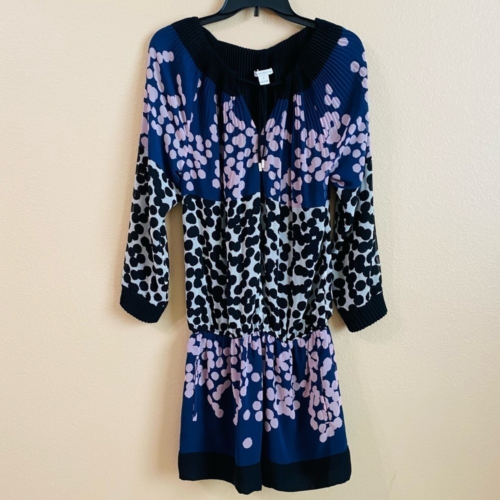Diane Von‎ Furstenberg Womens Size 8 3/4 Sleeve Pleated Polka Dot Mini Dress